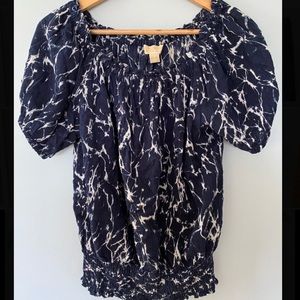 Michael Kors navy tie dye ruched blouse size M